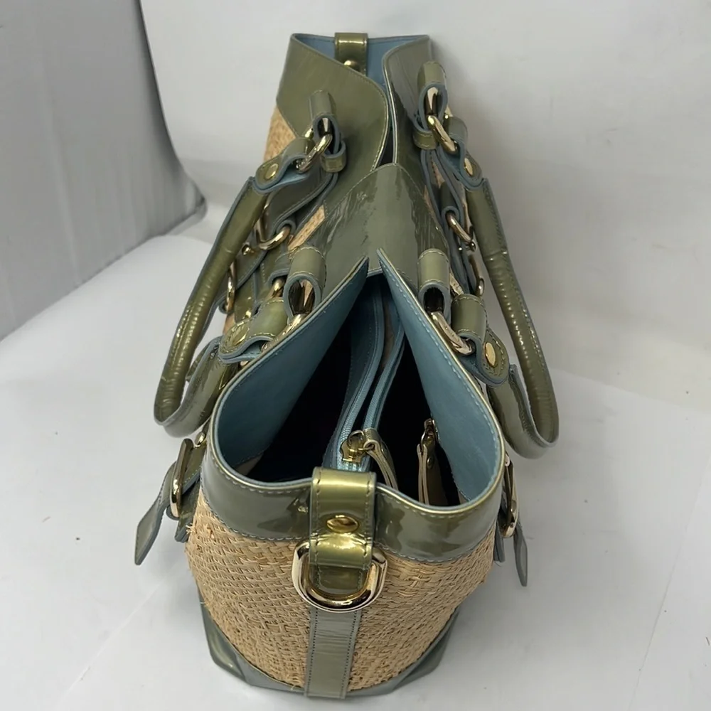 Stuart Weitzman Patent Leather and Raffia Woven Satchel w/ crossbody strap